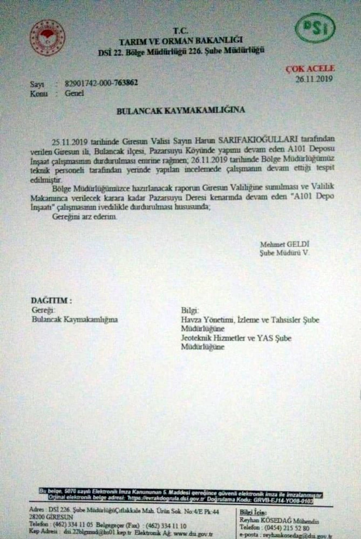 Dere yatağının kurumasına sebep olan inşaat durduruldu