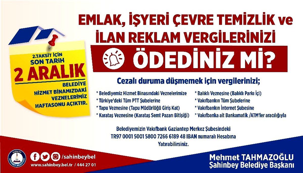 Şahinbey\'de vergi hatırlatması