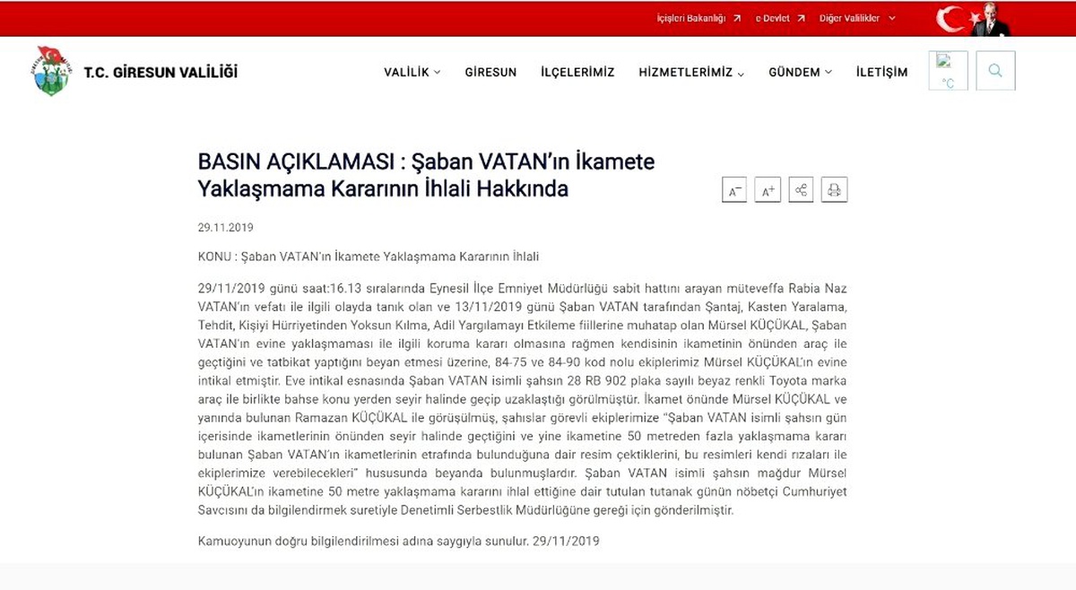 Giresun Valiliğinden Şaban Vatan açıklaması