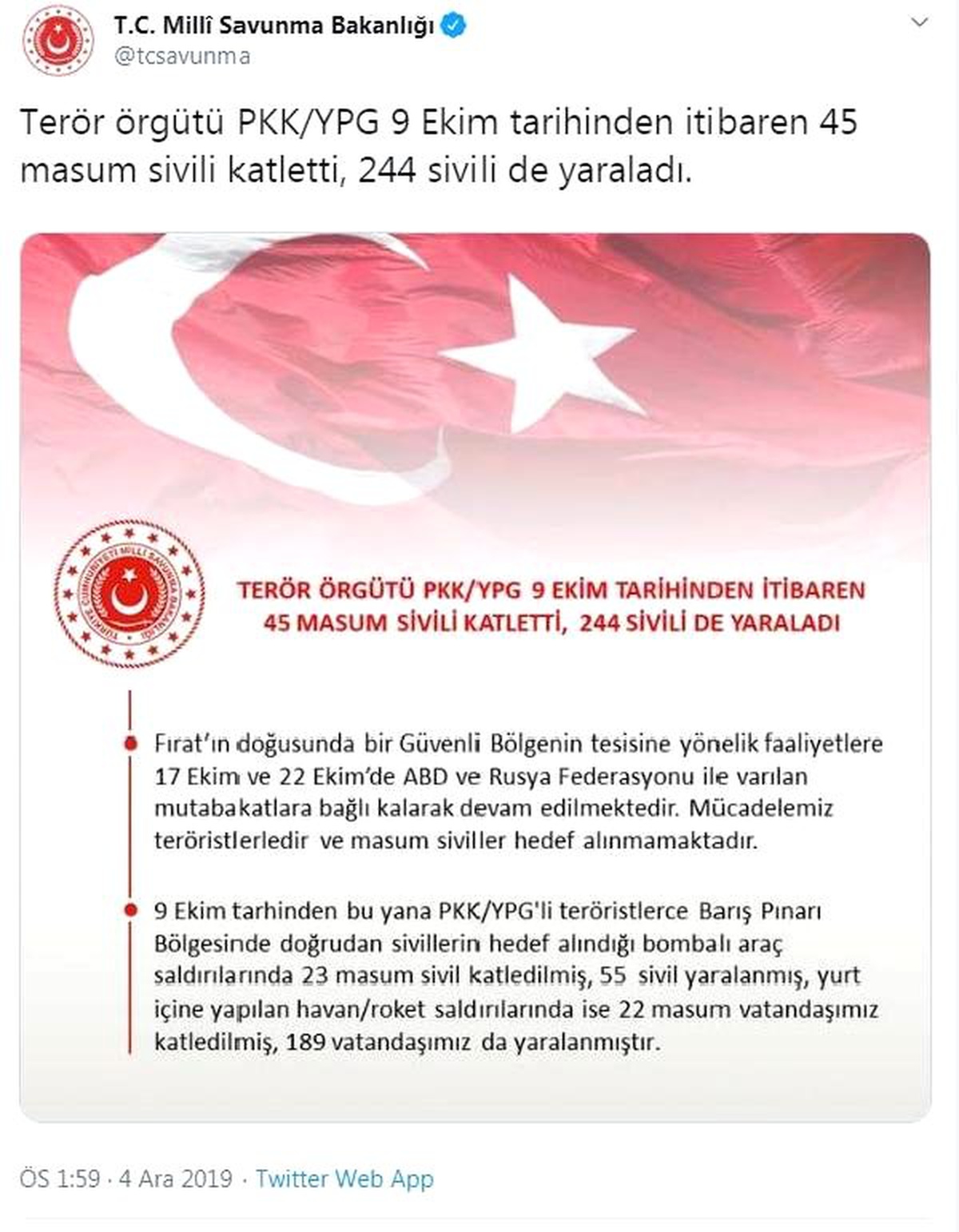 MSB: PKK/YPG 9 Ekim\'den bu yana 45 sivili katletti