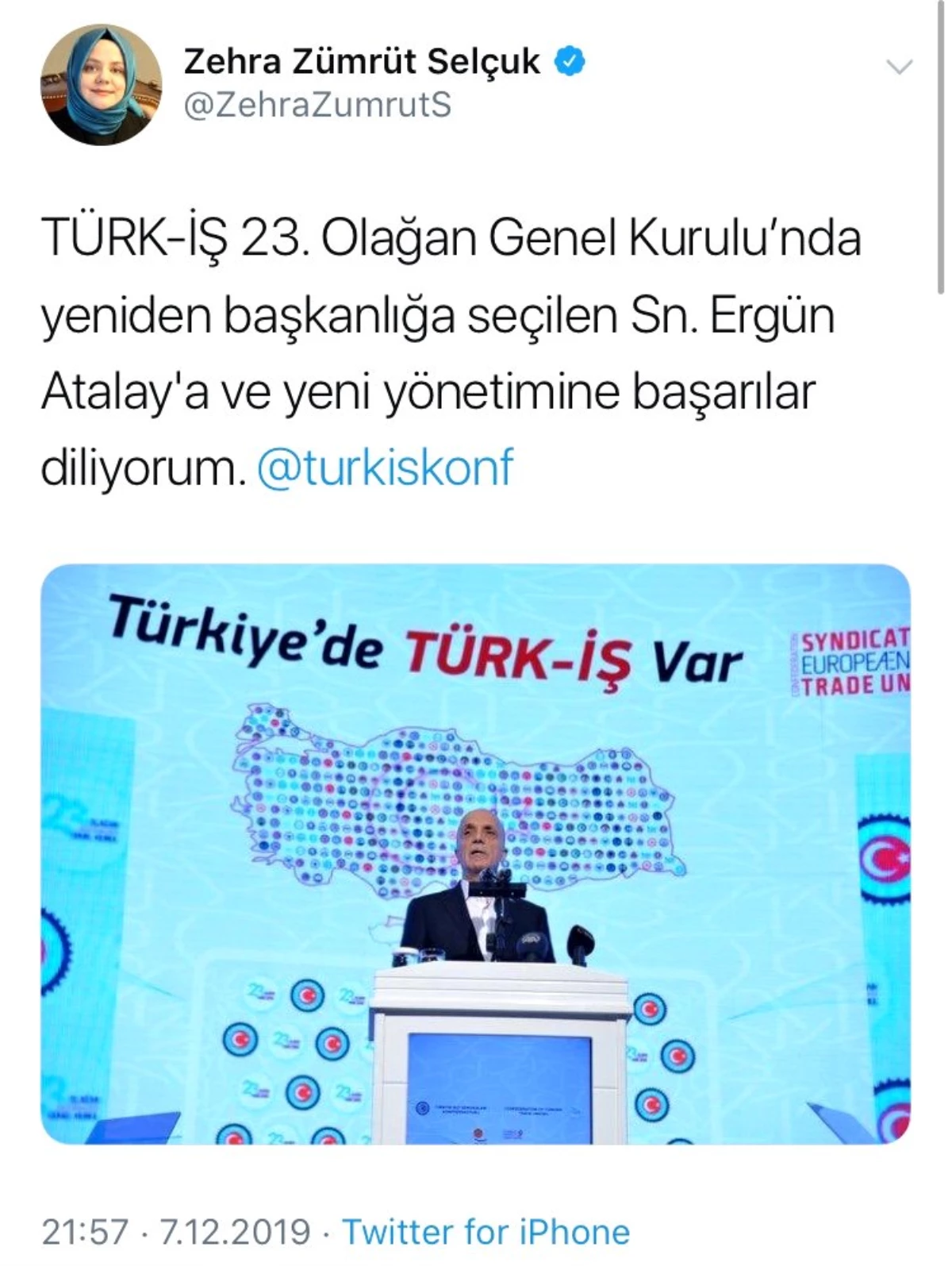 Bakan Selçuk\'tan yeniden başkanlığa seçilen Türk-İş Başkanı Atalay\'a tebrik