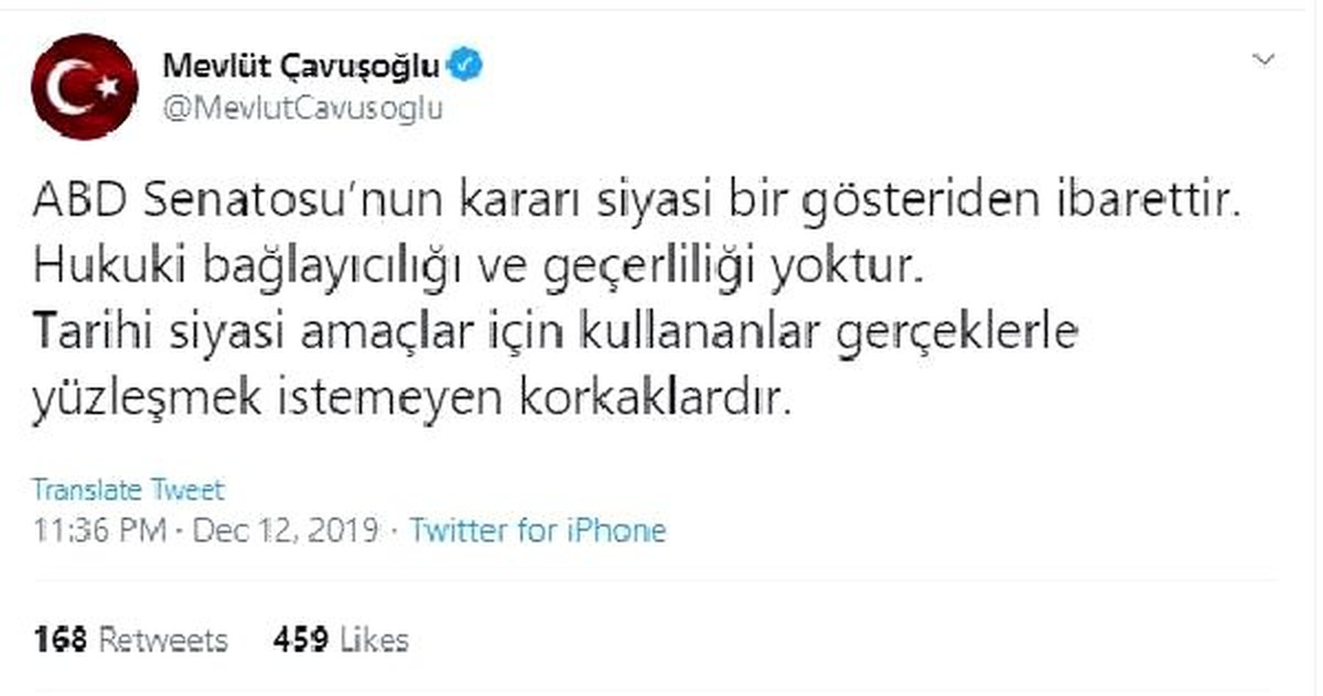 Çavuşoğlu: Senatonun kararı siyasi bir gösteriden ibarettir