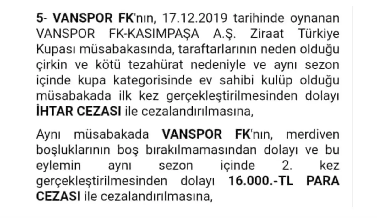 PFDK\'dan Van Spor FK\'ye 16 bin lira ceza