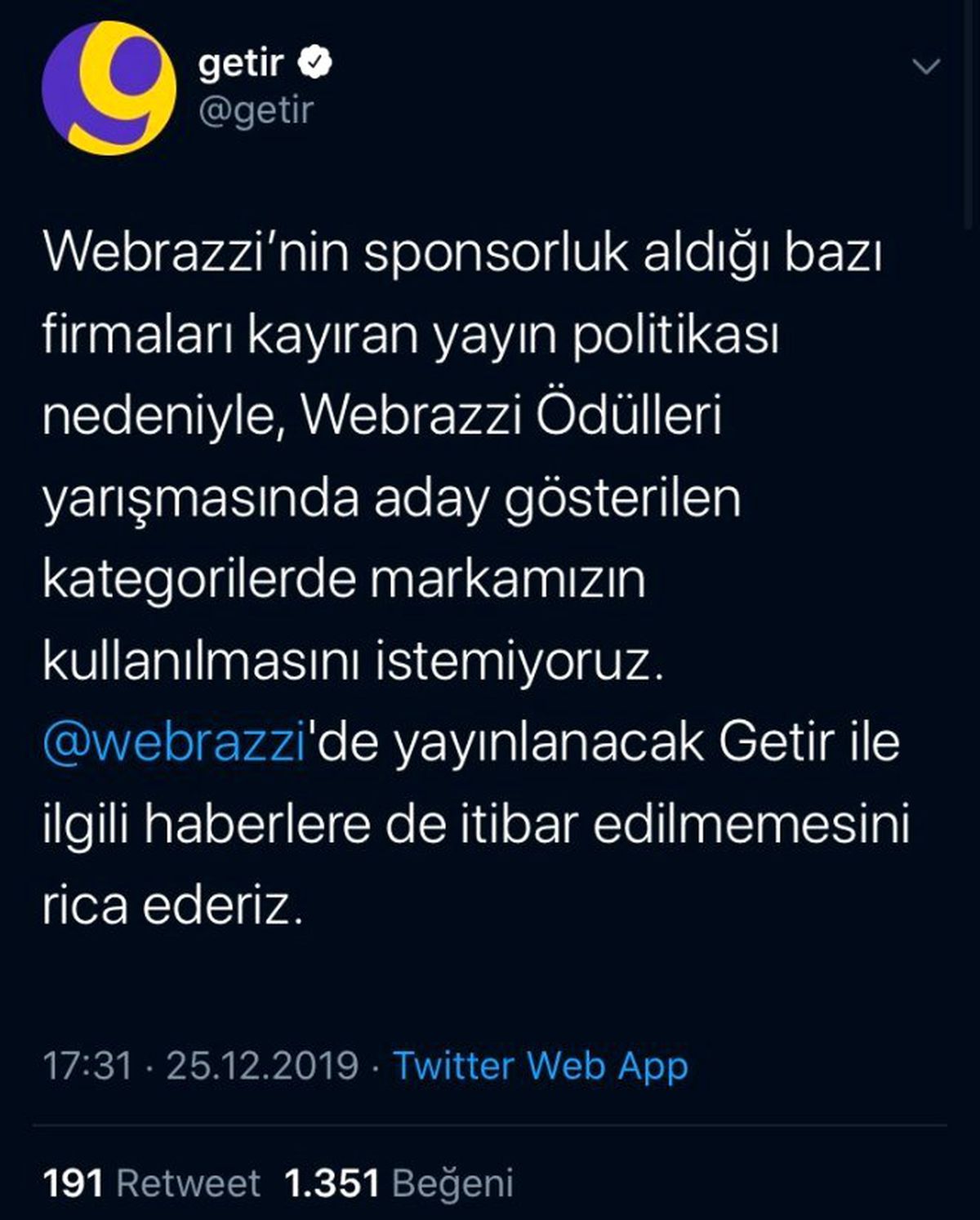 Getir\'den Şok Webrazzi Ödülleri Açıklaması
