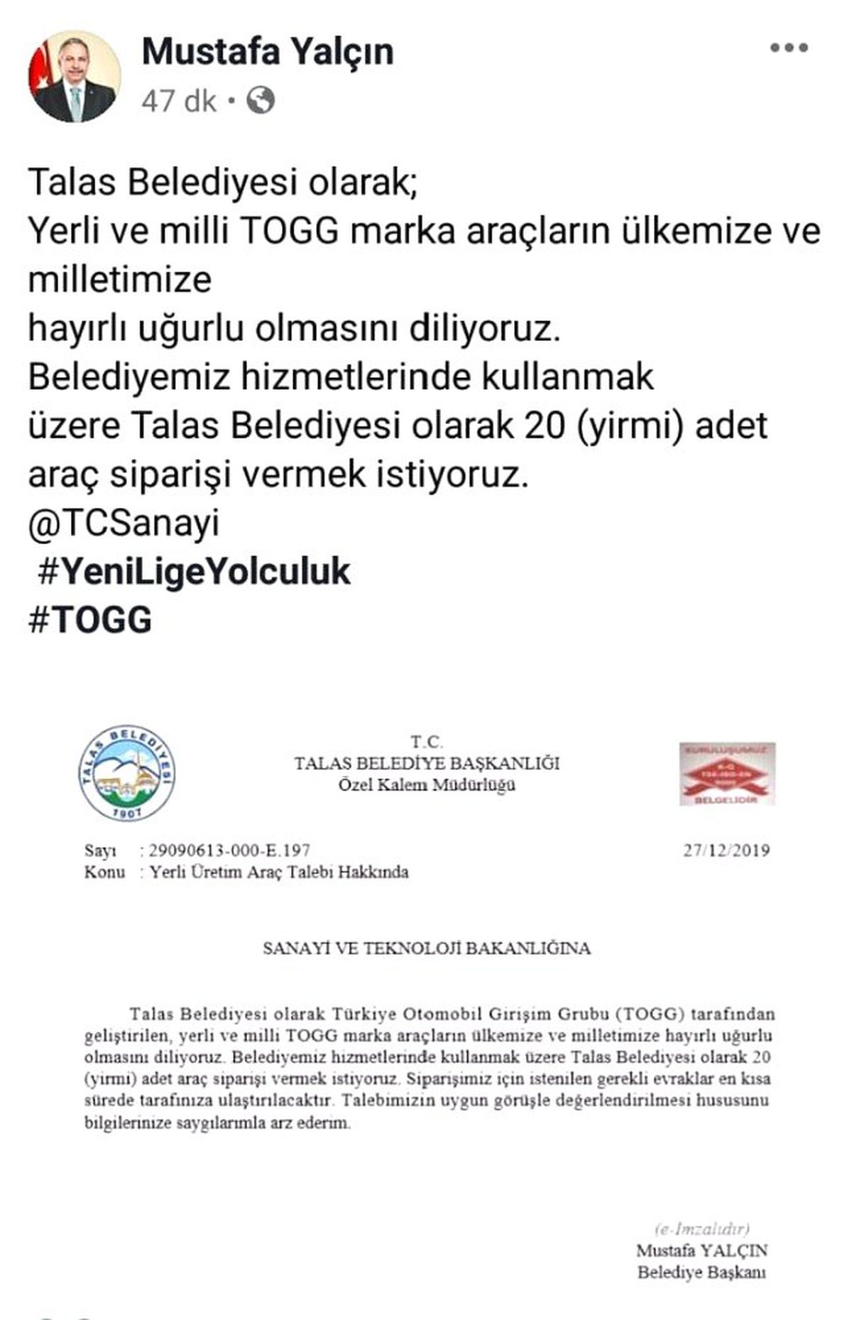 TOGG\'a bir sipariş de Kayseri\'den