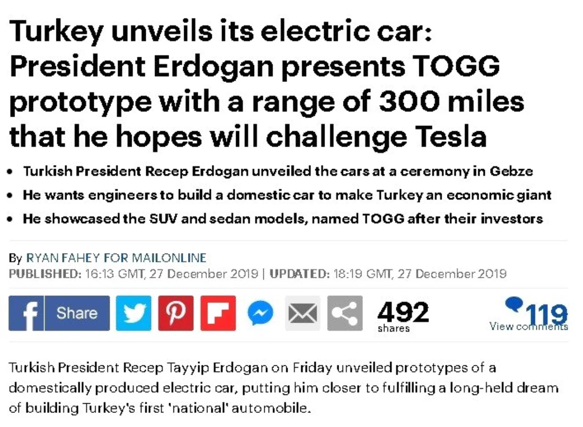 Yerli otomobil dış basında: "Erdoğan, Tesla\'ya meydan okumayı umuyor"