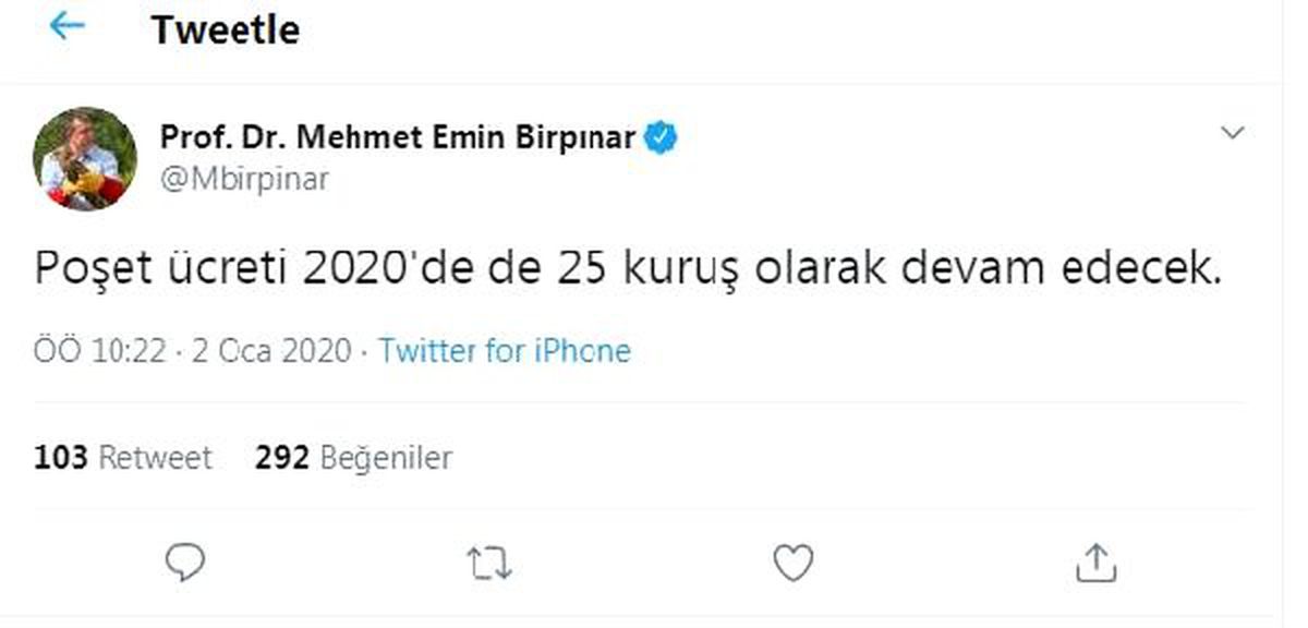 Poşete 2020\'de zam yok