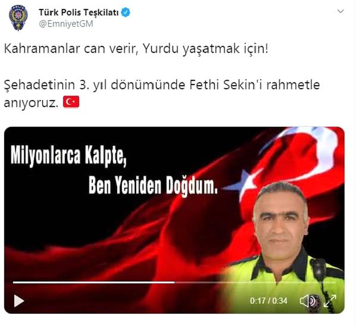 EGM\'den, \'Fethi Sekin\' paylaşımı: Kahramanlar can verir, Yurdu yaşatmak için!