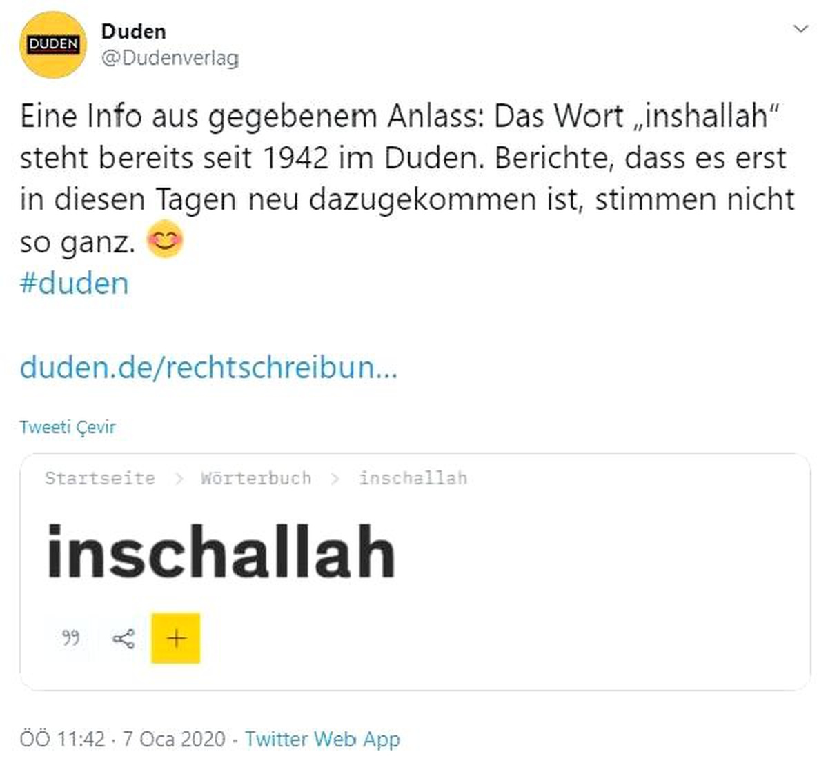 Duden: \'İnşallah\' kelimesi 1942\'den beri sözlüğümüzde