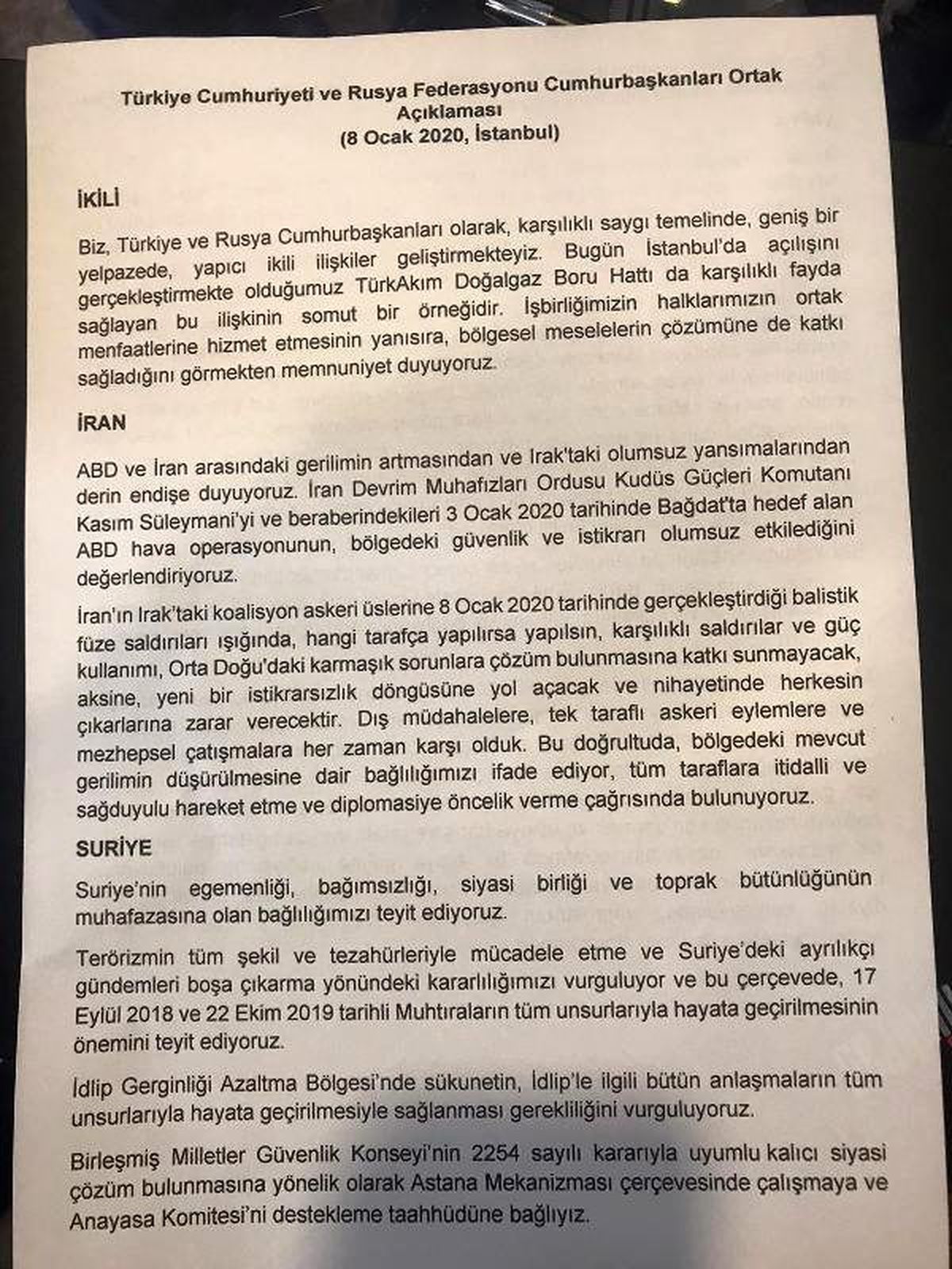 Erdoğan ve Putin\'den ortak yazılı açıklama