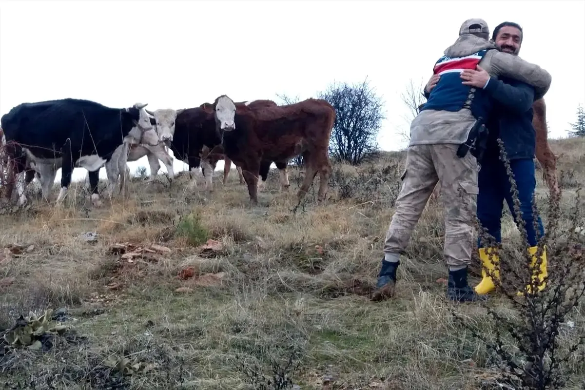 Kaybolan hayvanlarını bulan jandarmaya sarılarak teşekkür etti