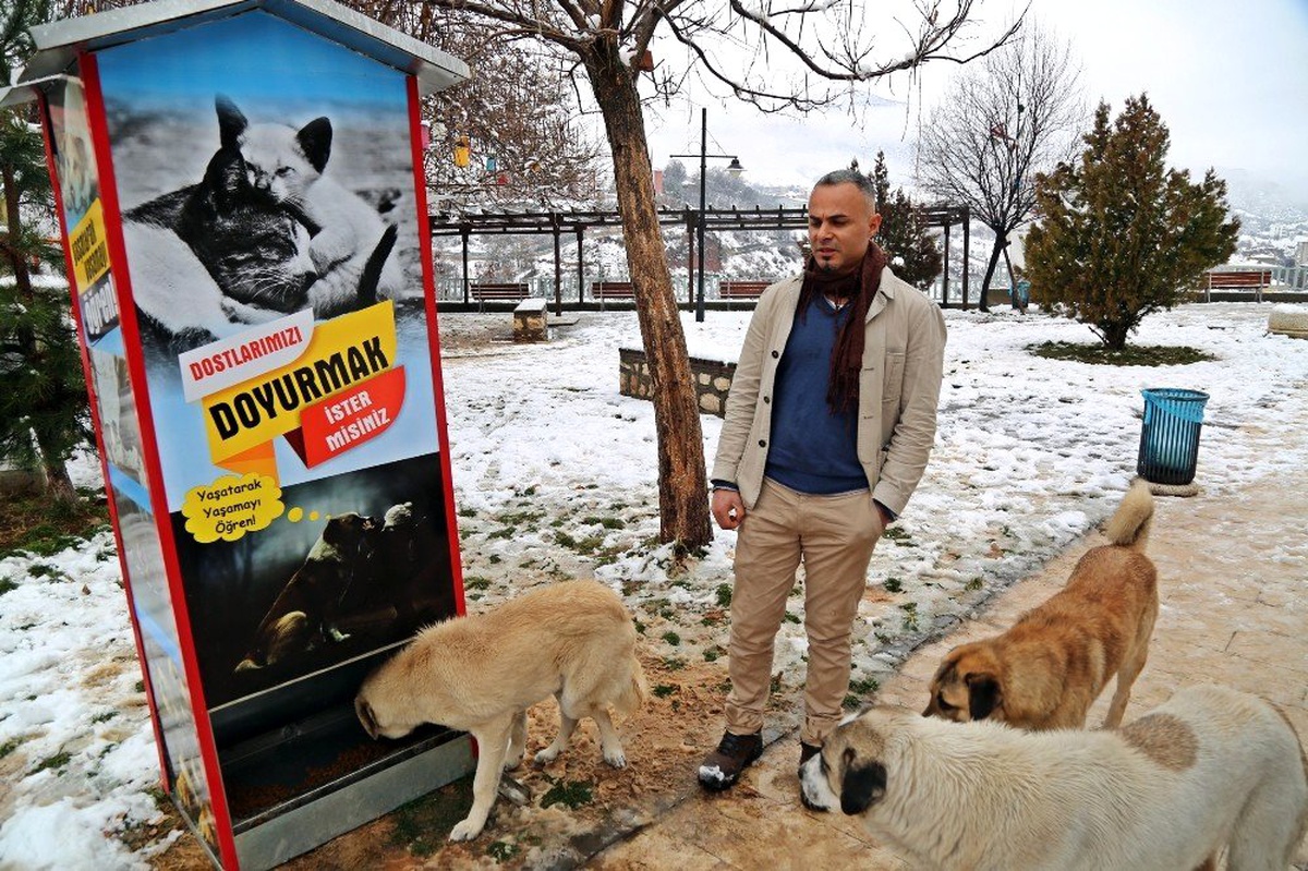 Boks makinesinden esinlendi, sokak hayvanları için mamamatik yaptı