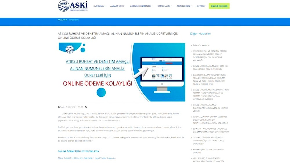 ASKİ\'den atık su analizlerine online ödeme