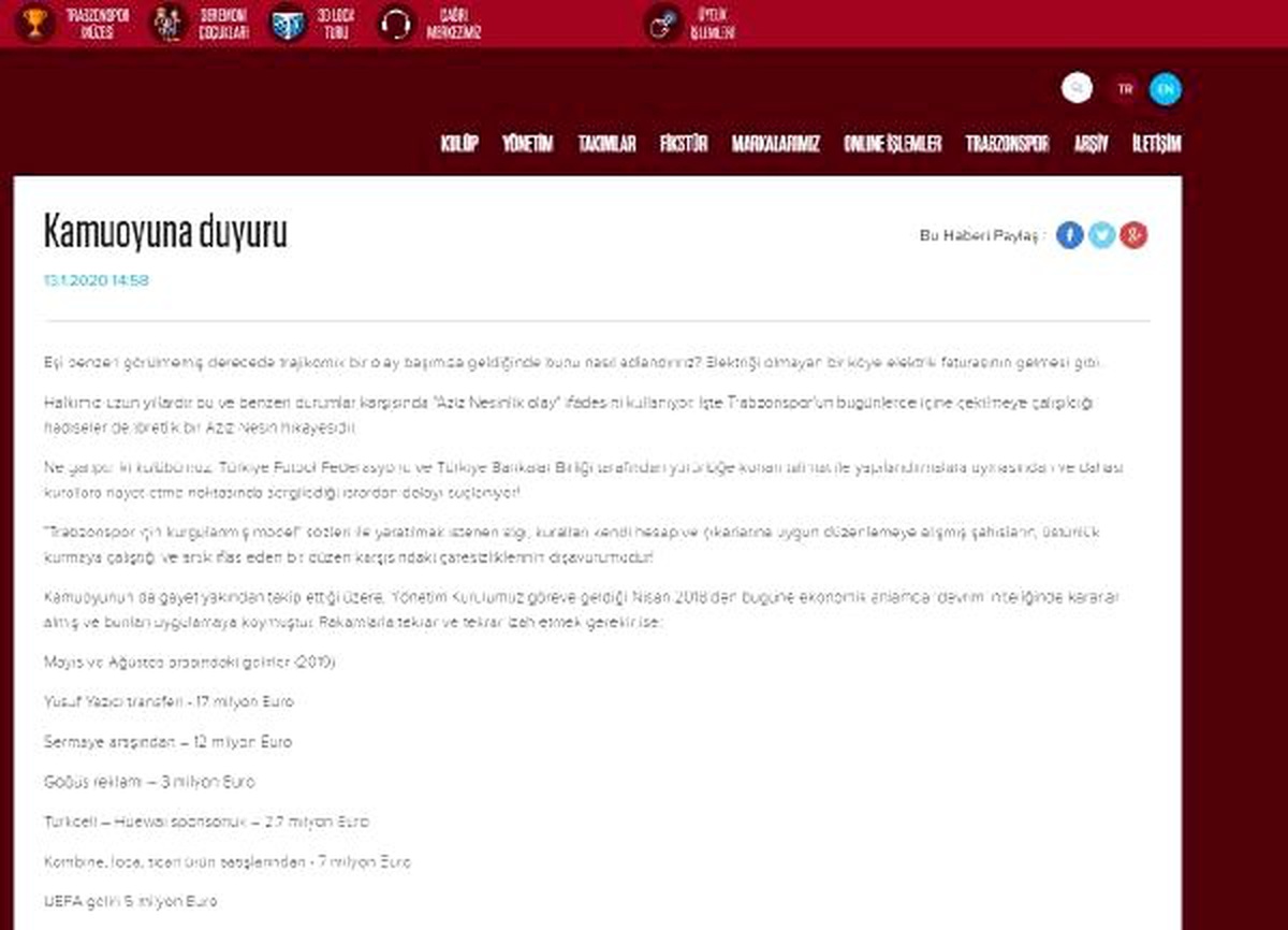 Trabzonspor\'dan açıklama: "Türkiye\'de artık güçlünün hukuku değil hukukun gücü vardır"