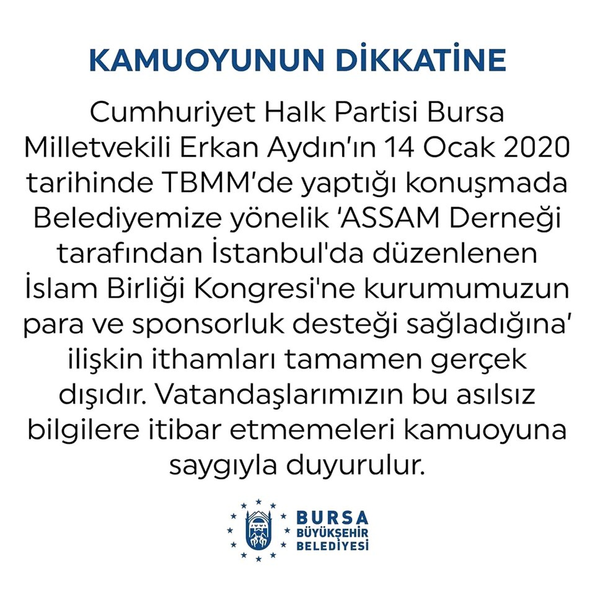 Bursa Büyükşehir Belediyesi CHP\'li Aydın\'ın iddialarını yalanladı