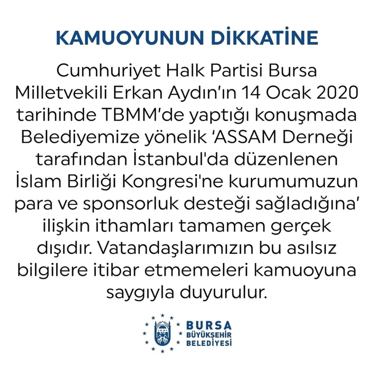 Bursa Büyükşehir Belediyesi CHP\'li Aydın\'ın iddialarını yalanladı