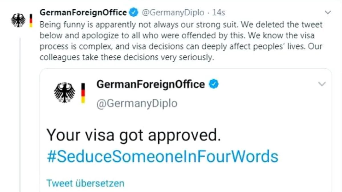 Alman Dışişleri Bakanlığı, resmi Twitter hesabındaki \'vizeniz onaylandı\' şakası için özür diledi