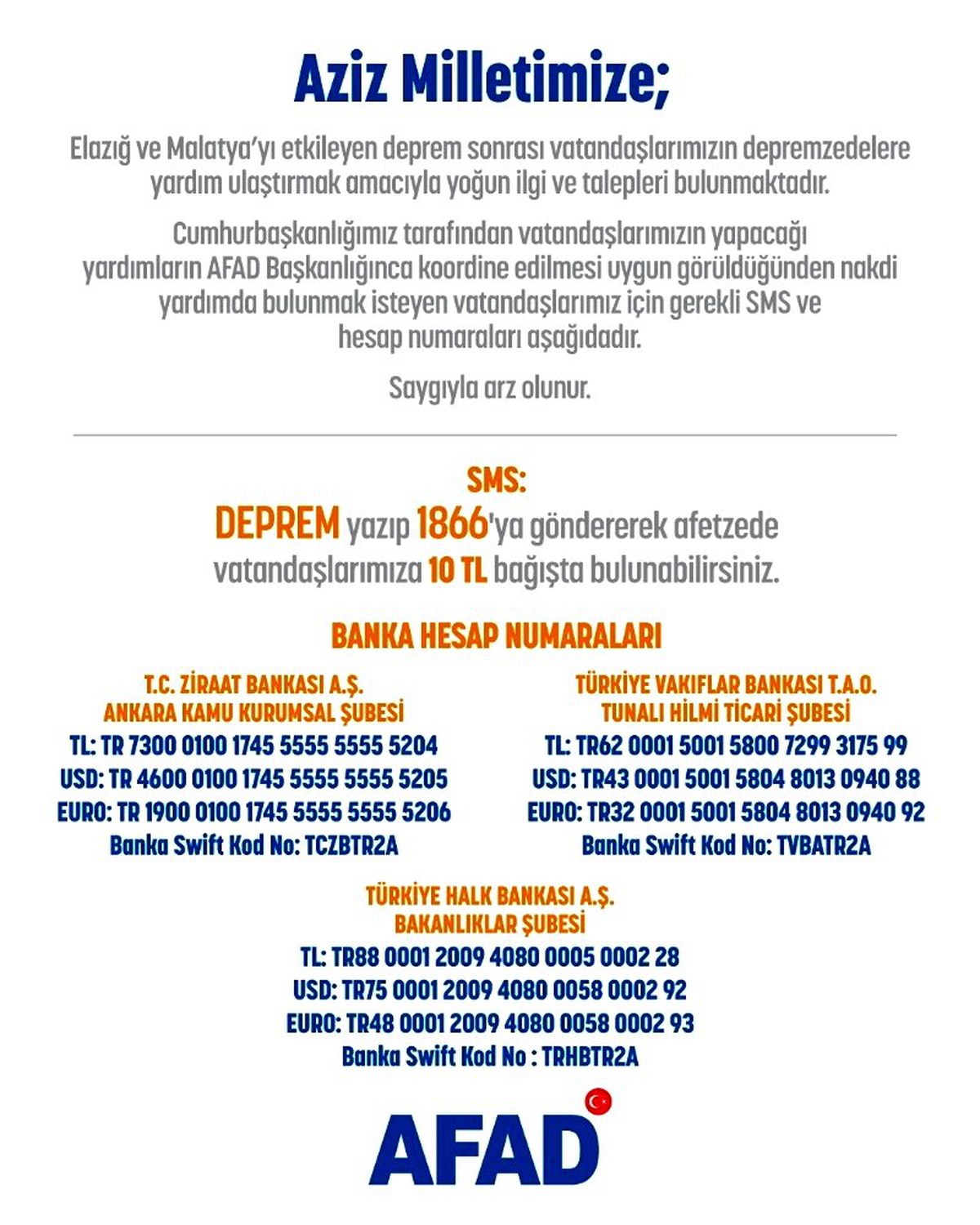 AFAD bağış yapmak isteyen vatandaşlar için hesap numaralarını yayınladı