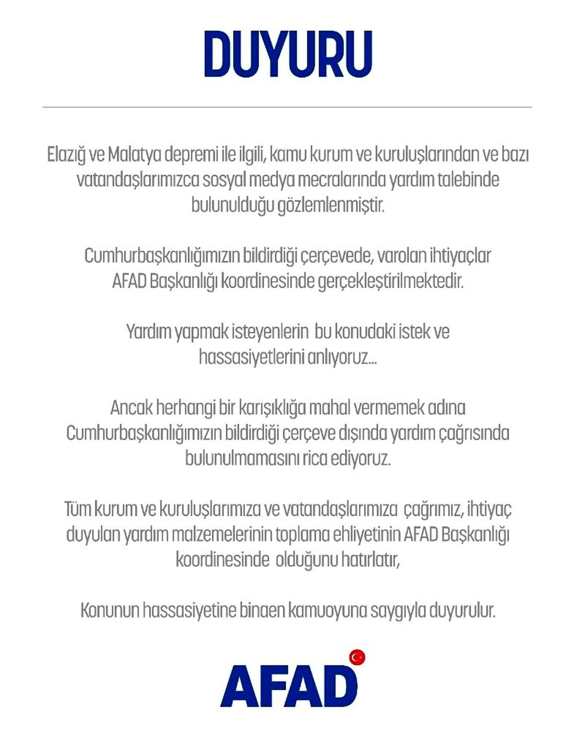 AFAD: "Yardım malzemelerinin toplama ehliyetinin AFAD Başkanlığı koordinesinde olduğunu...