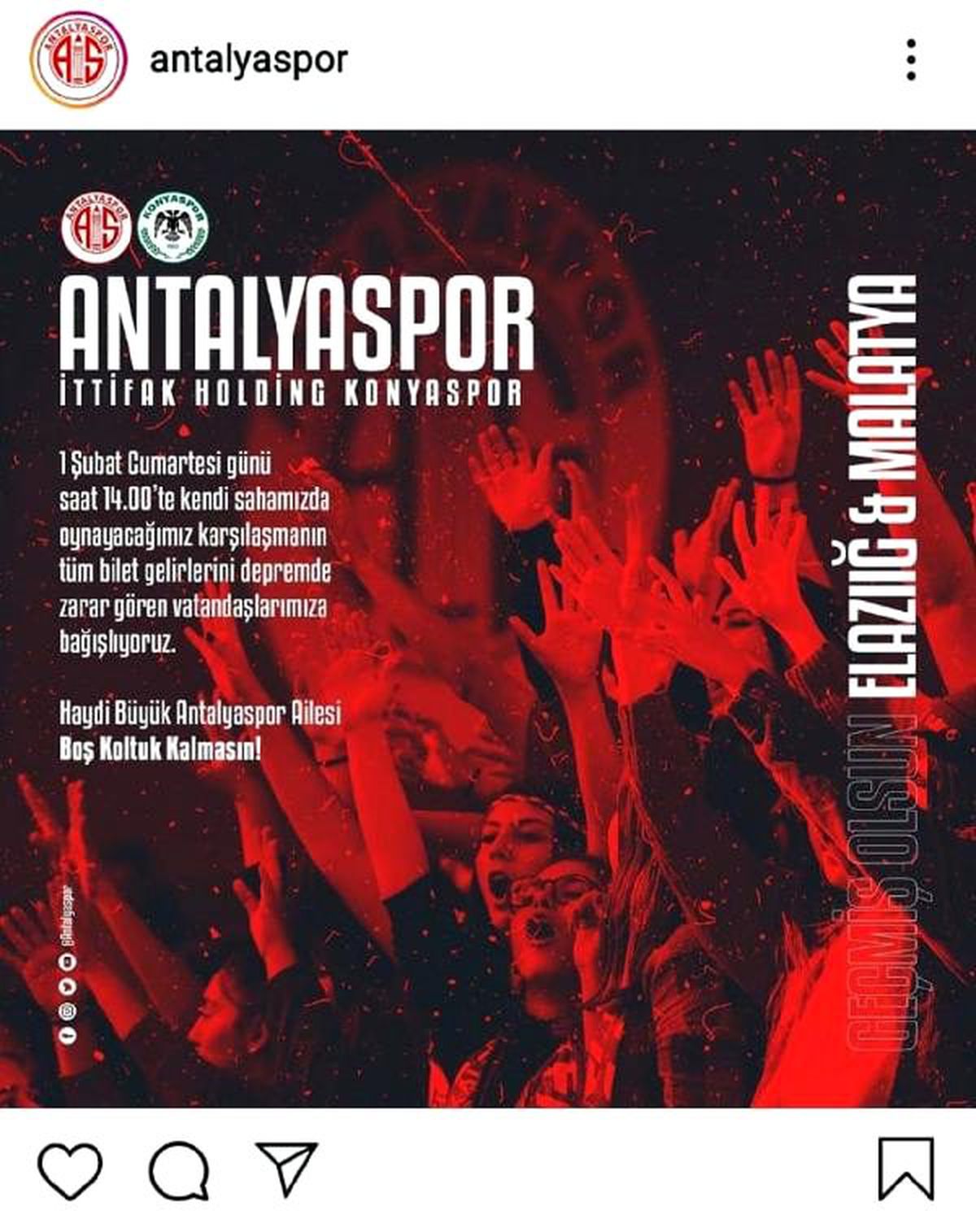 Antalyaspor, Konya maçı gelirlerini depremzedelere bağışladı