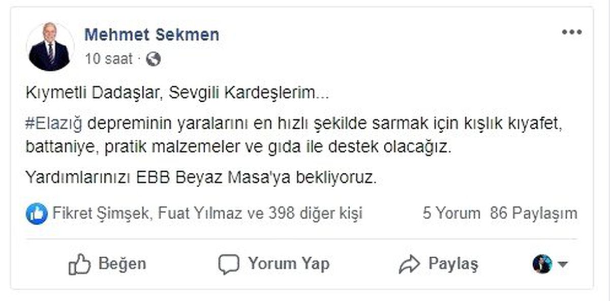 Başkan Sekmen\'den depremzedelere yardım çağrısı