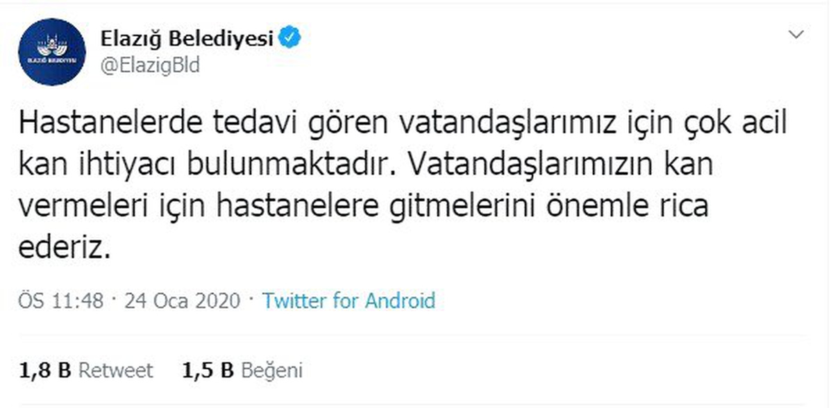 Elazığ Belediyesi\'nden acil kan çağrısı