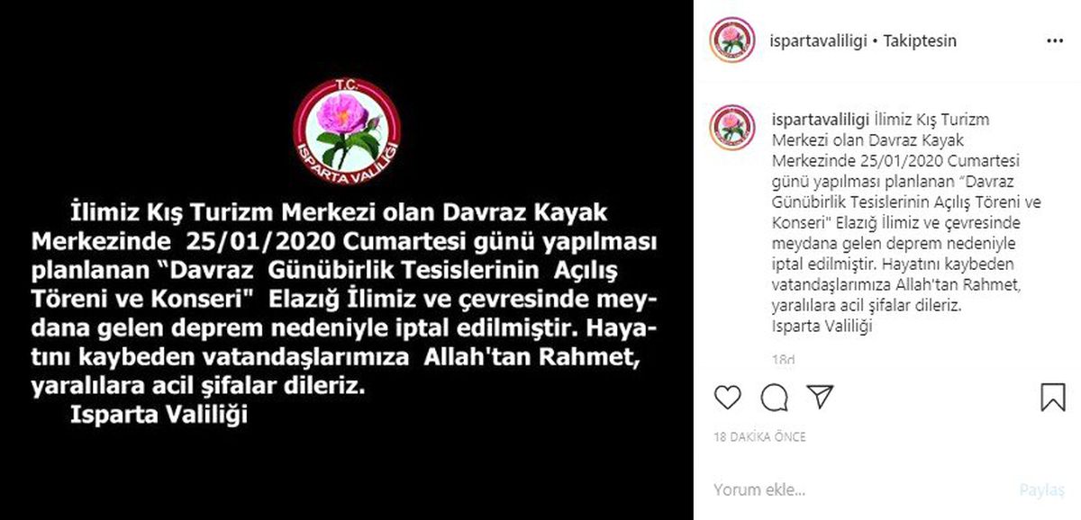 Elazığ depremi nedeniyle Davraz\'daki açılış töreni iptal edildi