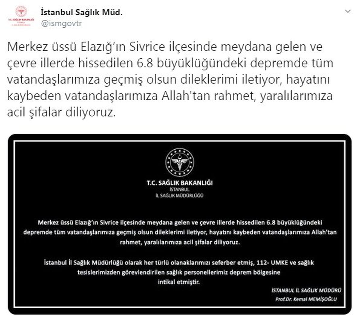 İstanbul İl Sağlık Müdürü Kemal Memişoğlu\'ndan deprem açıklaması