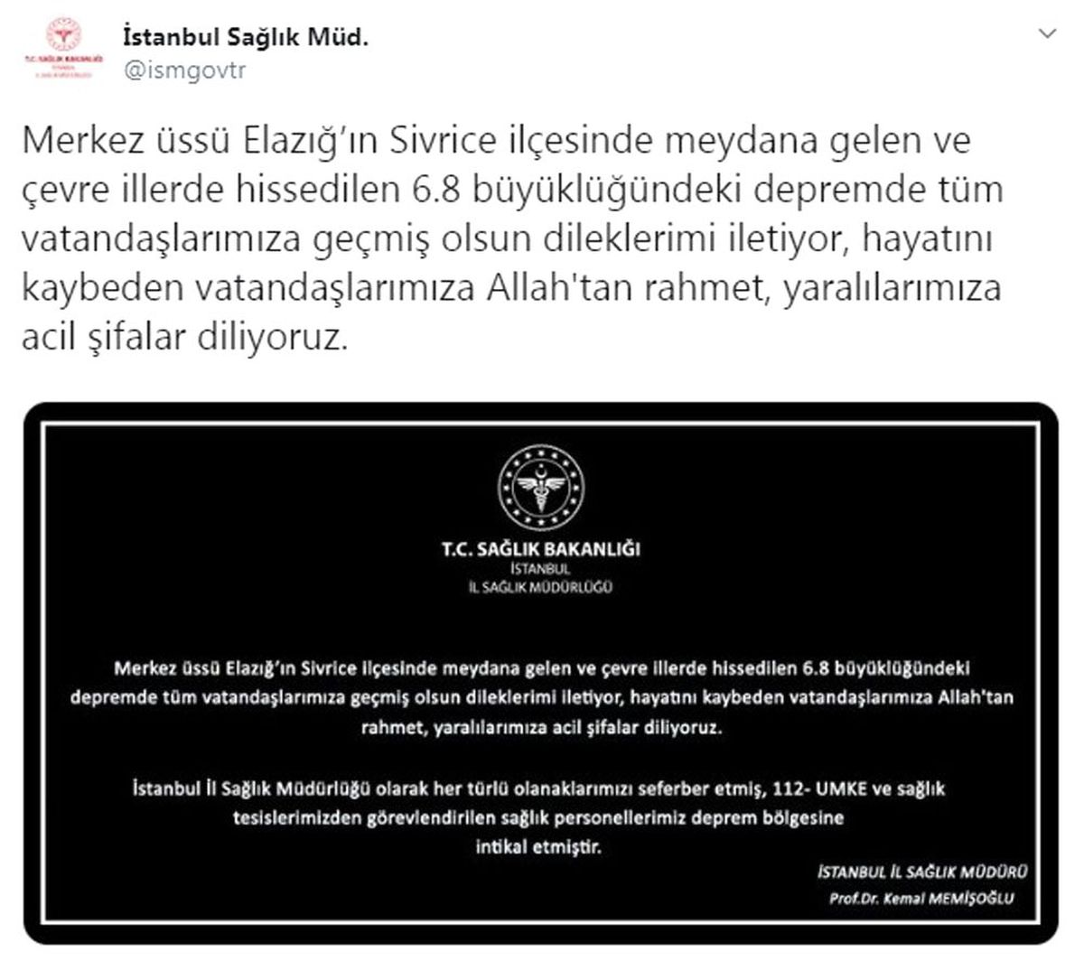 İstanbul İl Sağlık Müdürü Kemal Memişoğlu\'ndan deprem açıklaması