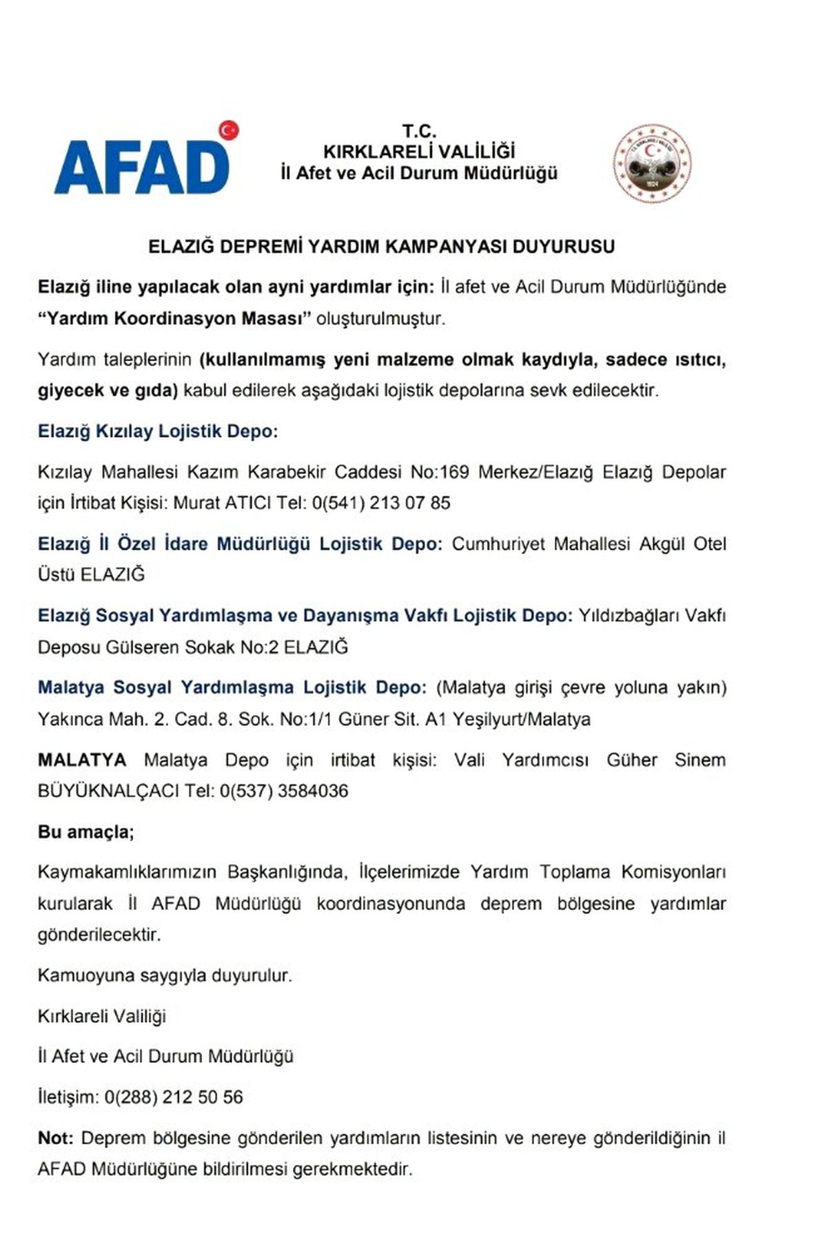 Kırklareli AFAD\'dan Elazığ için yardım kampanyası
