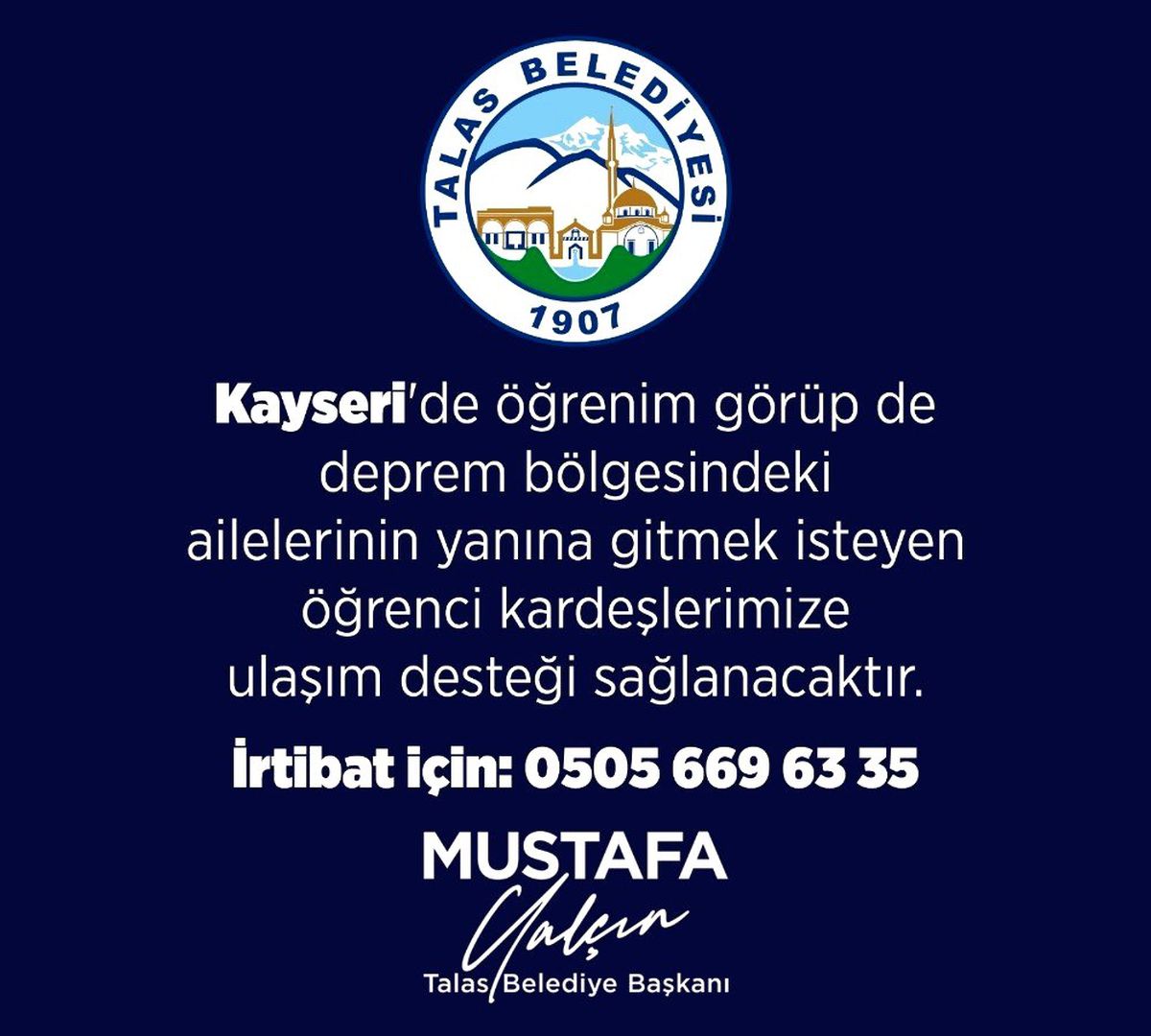 Talas Belediyesi deprem bölgesine gitmek isteyen öğrencilere ulaşım desteği verecek