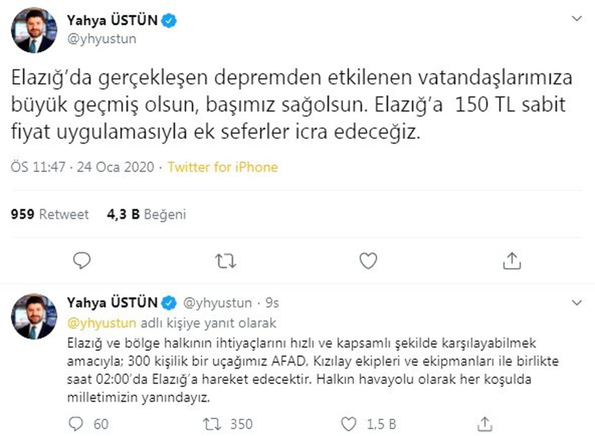 THY\'den deprem sonrası Elazığ\'a ek seferler