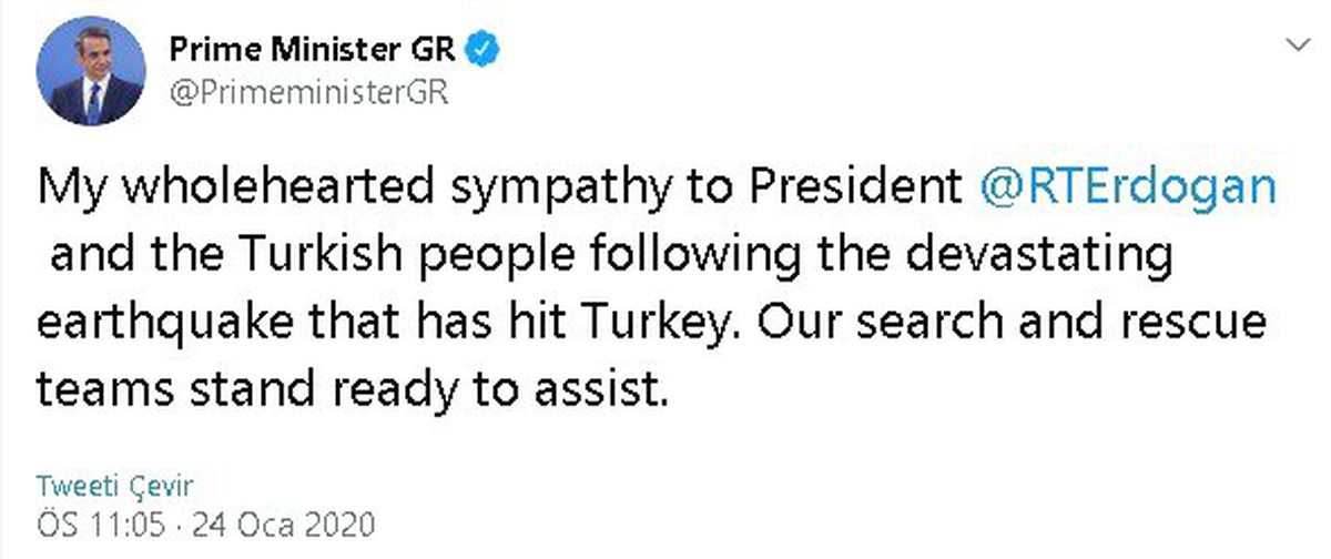 Yunanistan Başbakanı Mitsotakis: "Arama kurtarma ekiplerimiz yardıma hazır"