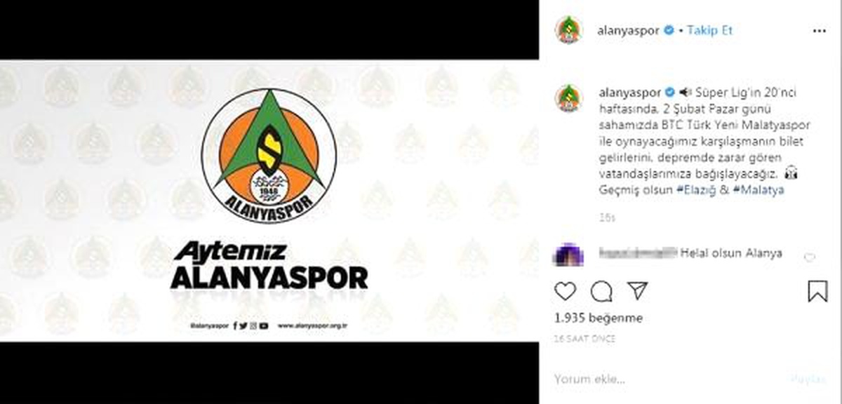 Alanyaspor, Malatya maçı tribün gelirlerini depremzedelere bağışladı