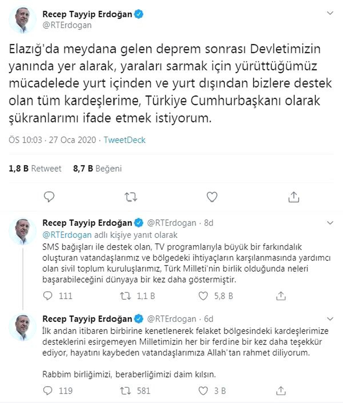 Cumhurbaşkanı Erdoğan\'dan deprem yardımlarına teşekkür açıklaması