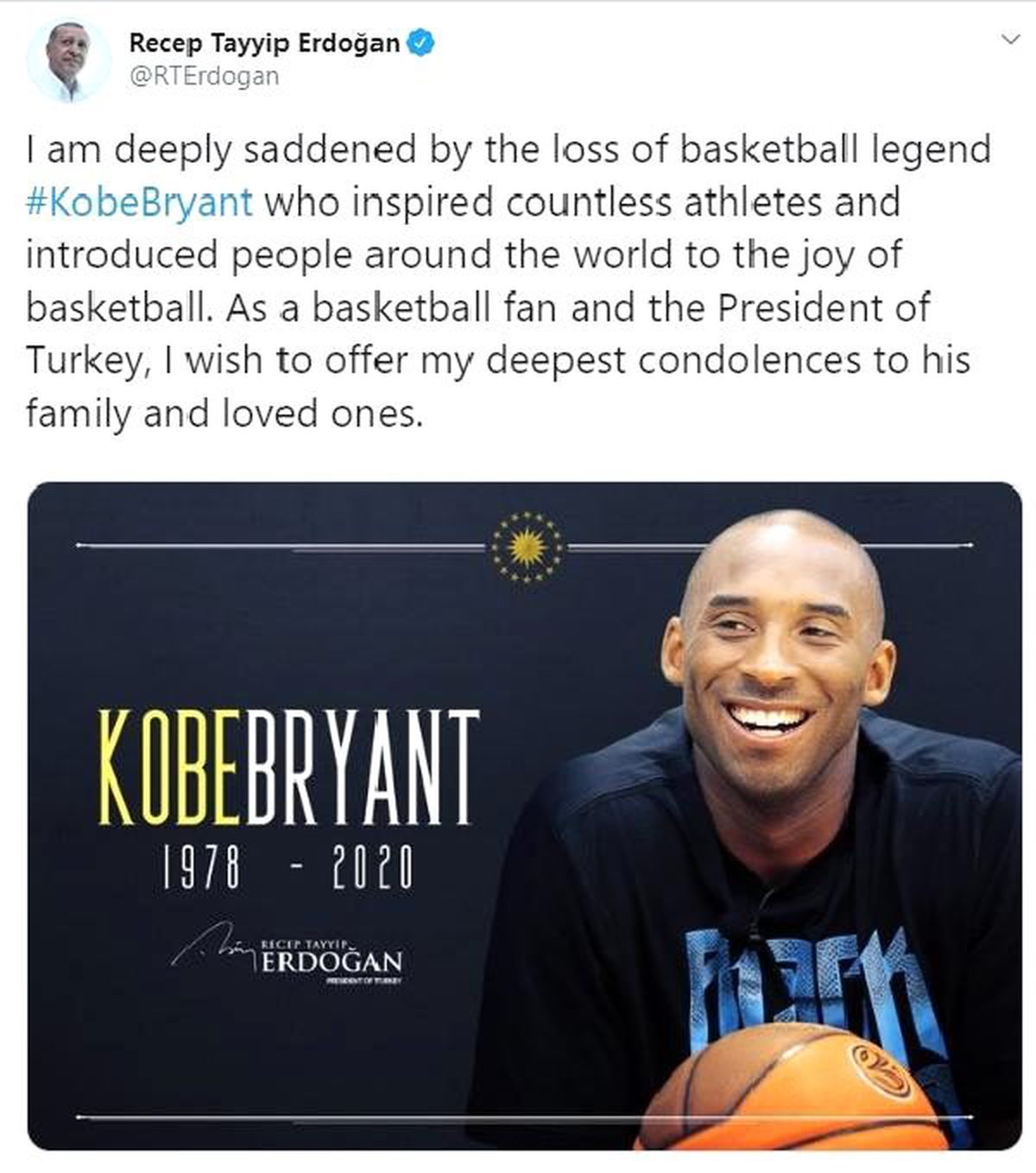 Cumhurbaşkanı Erdoğan\'dan Kobe Bryant için taziye mesajı