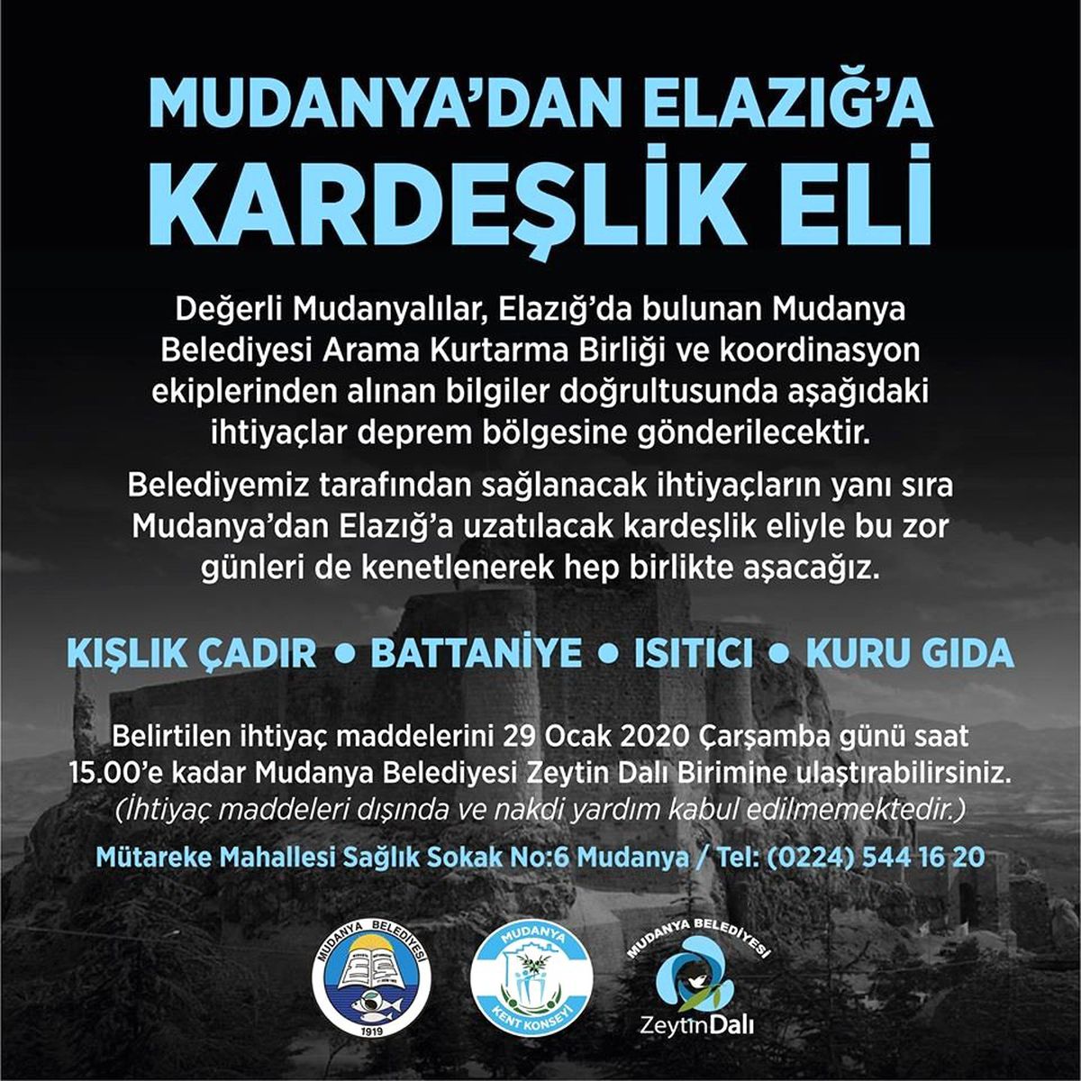 Mudanya\'dan Elazığ\'a kardeşlik eli