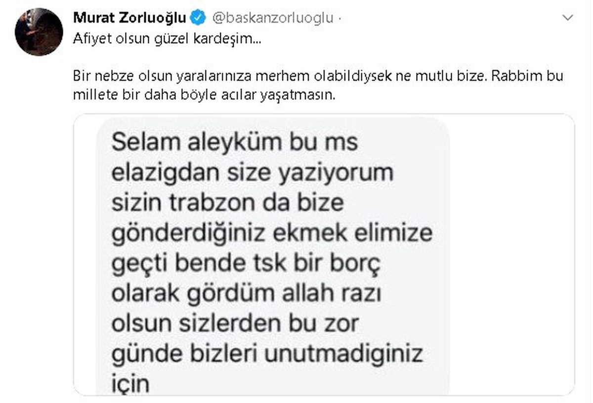 Trabzon\'dan Elazığ\'a gönderilen ekmek için Başkan Zorluoğlu\'na teşekkür