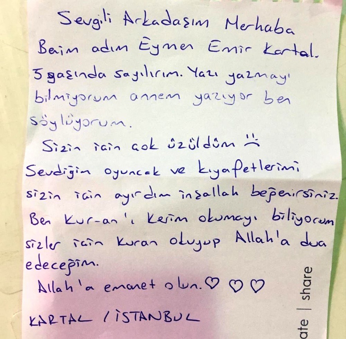 Kartallı çocuklardan Elazığlı depremzedelere duygu yüklü mektuplar