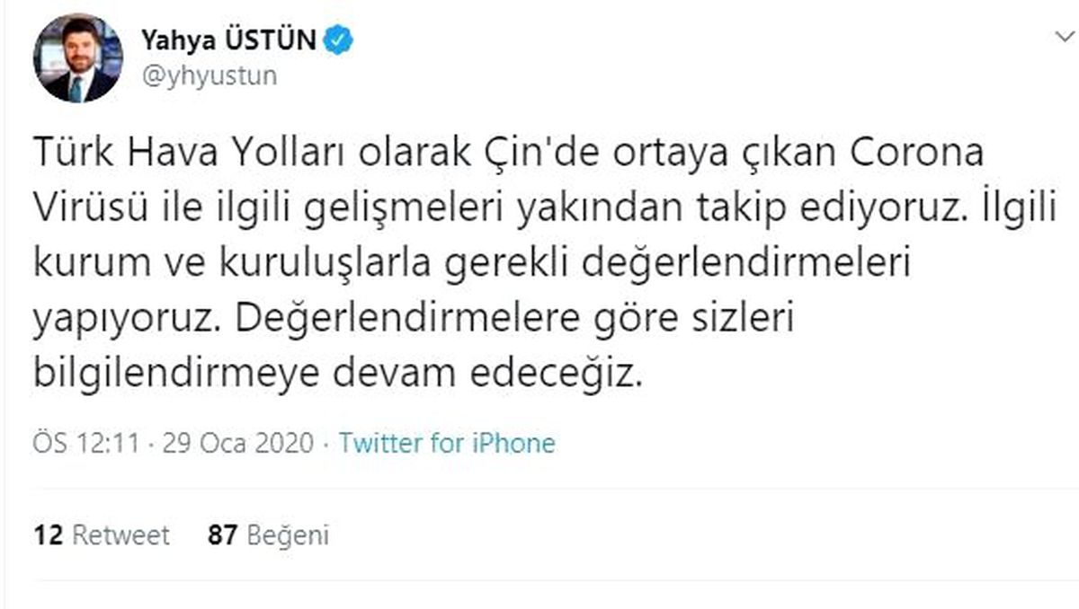 THY\'den Çin uçuşları hakkında açıklama