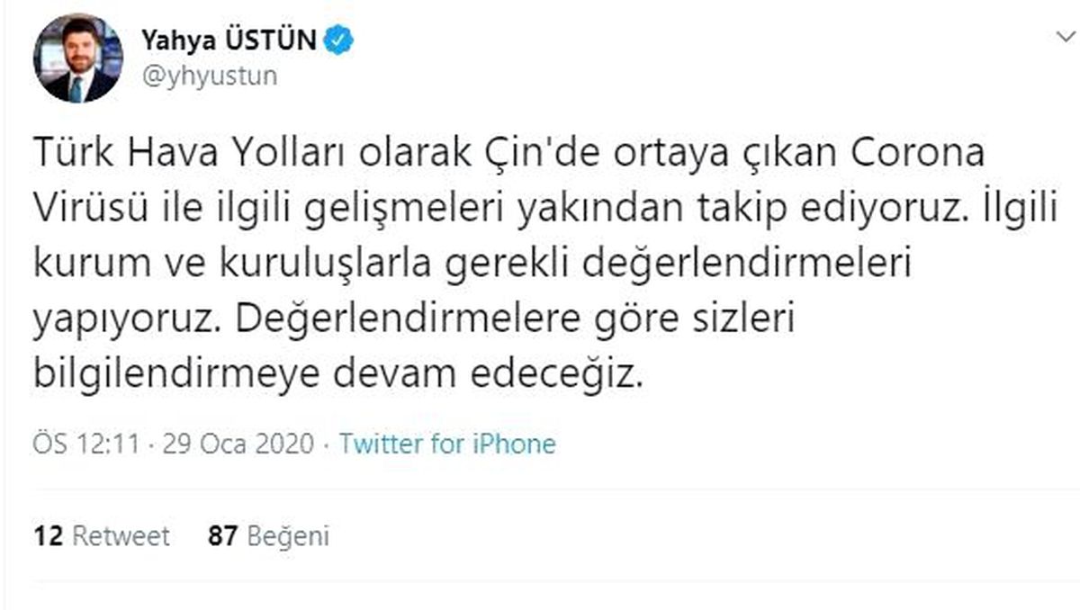 THY\'den Çin uçuşları hakkında açıklama