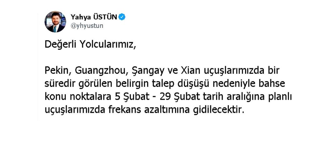 Türk Hava Yolları Çin\'de sefer azaltıyor