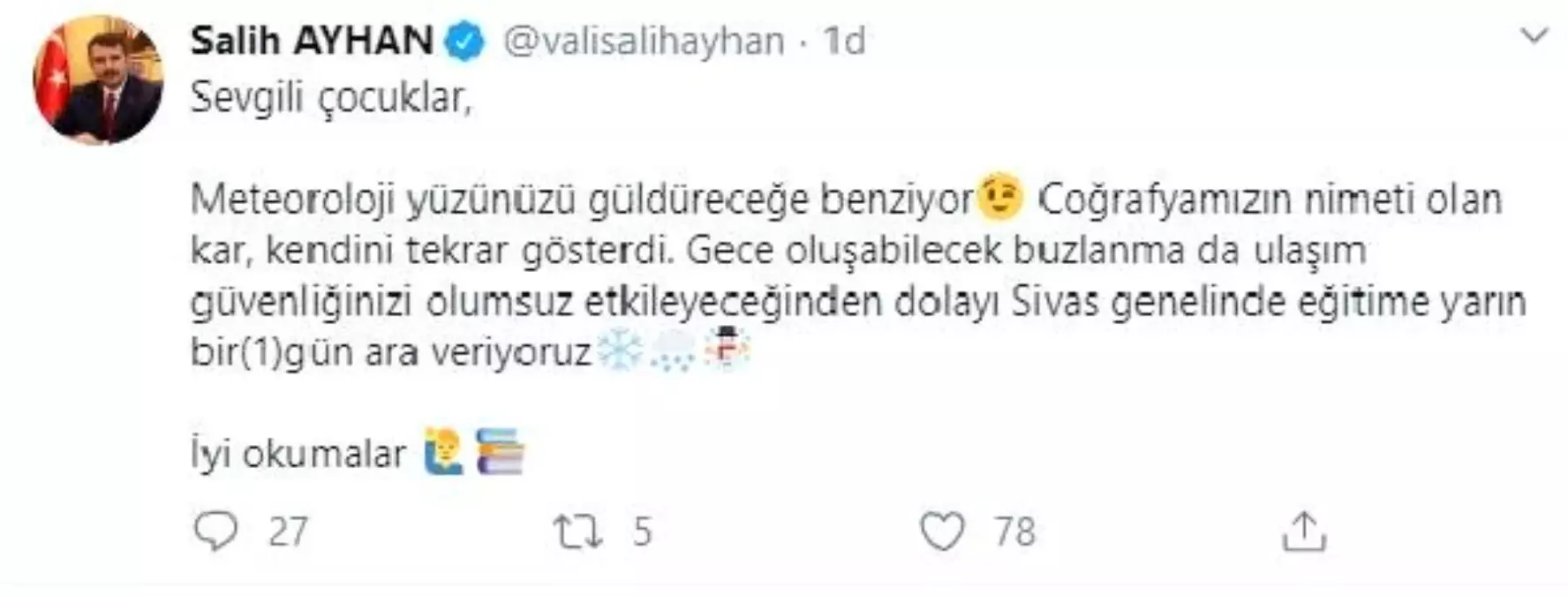 Sivas\'ta yarın okullar tatil edildi