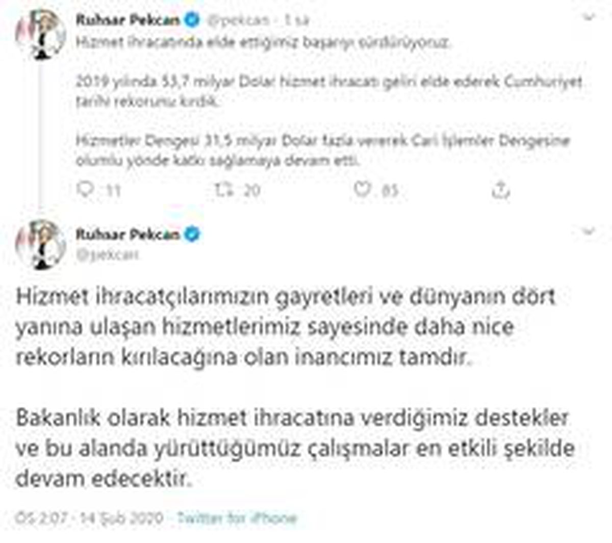 Ticaret Bakanı Pekcan: "Hizmet ihracatında Cumhuriyet tarihi rekorunu kırdık"