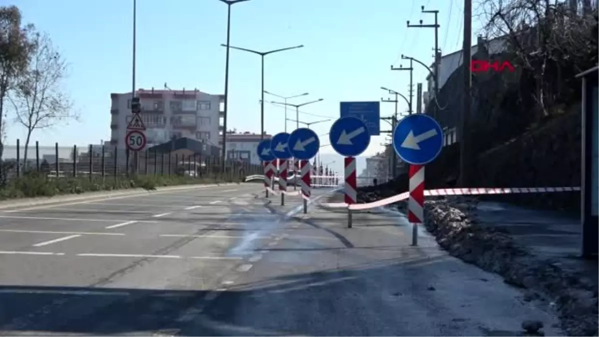 Trabzon\'da istinat duvarı çöktü, yol tek şeride düştü