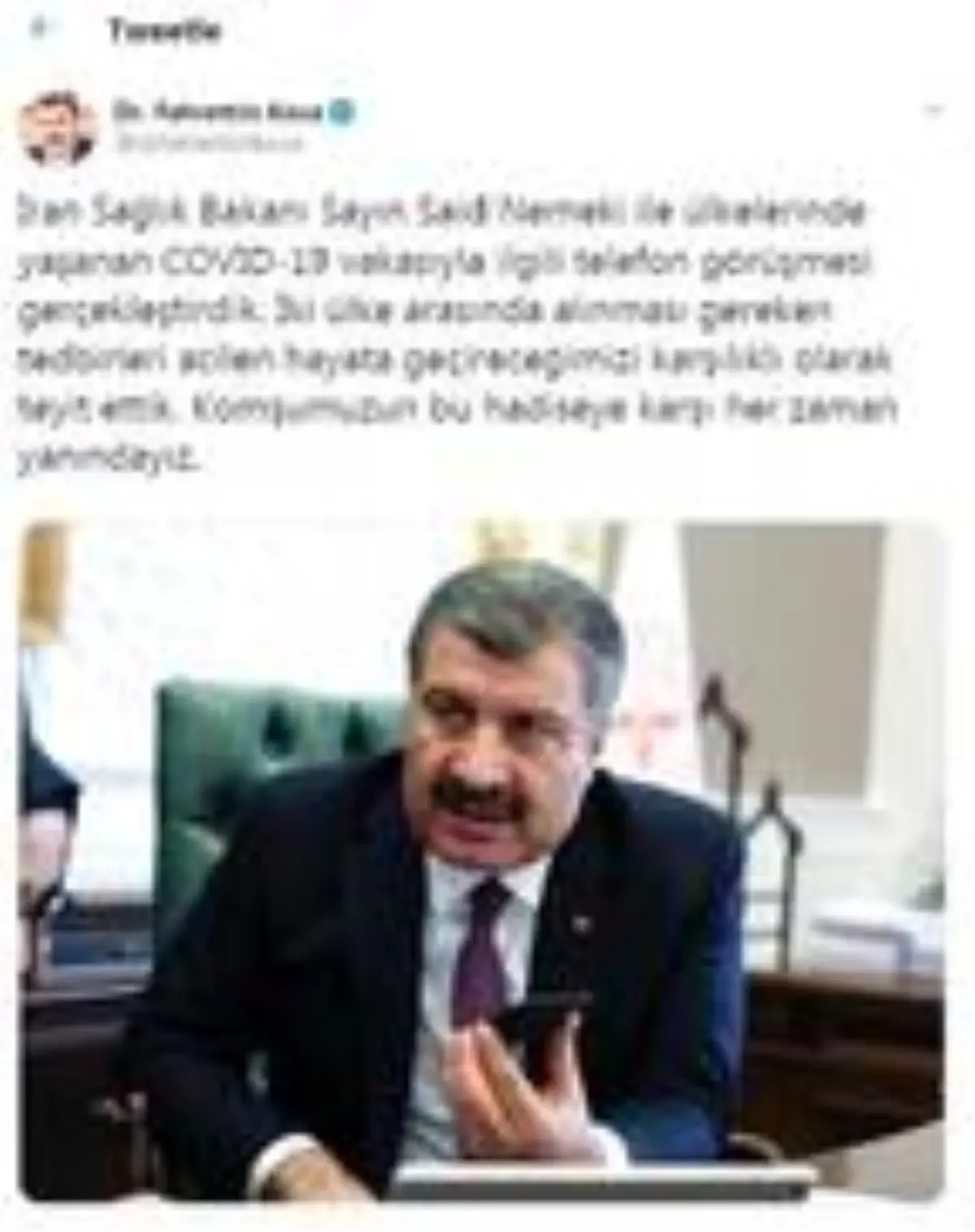 Bakan Koca, İran Sağlık Bakanı ile telefonda görüştü