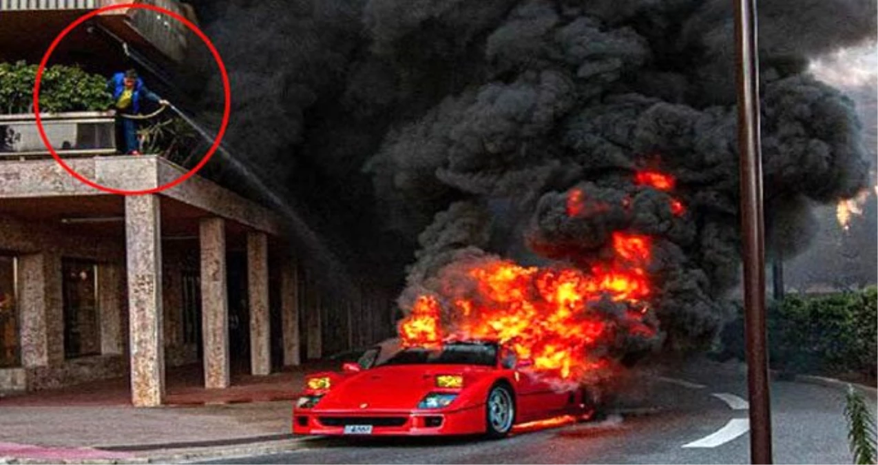 Ferrari alev alev yandı sahibi bahçe hortumuyla söndürmeye çalıştı