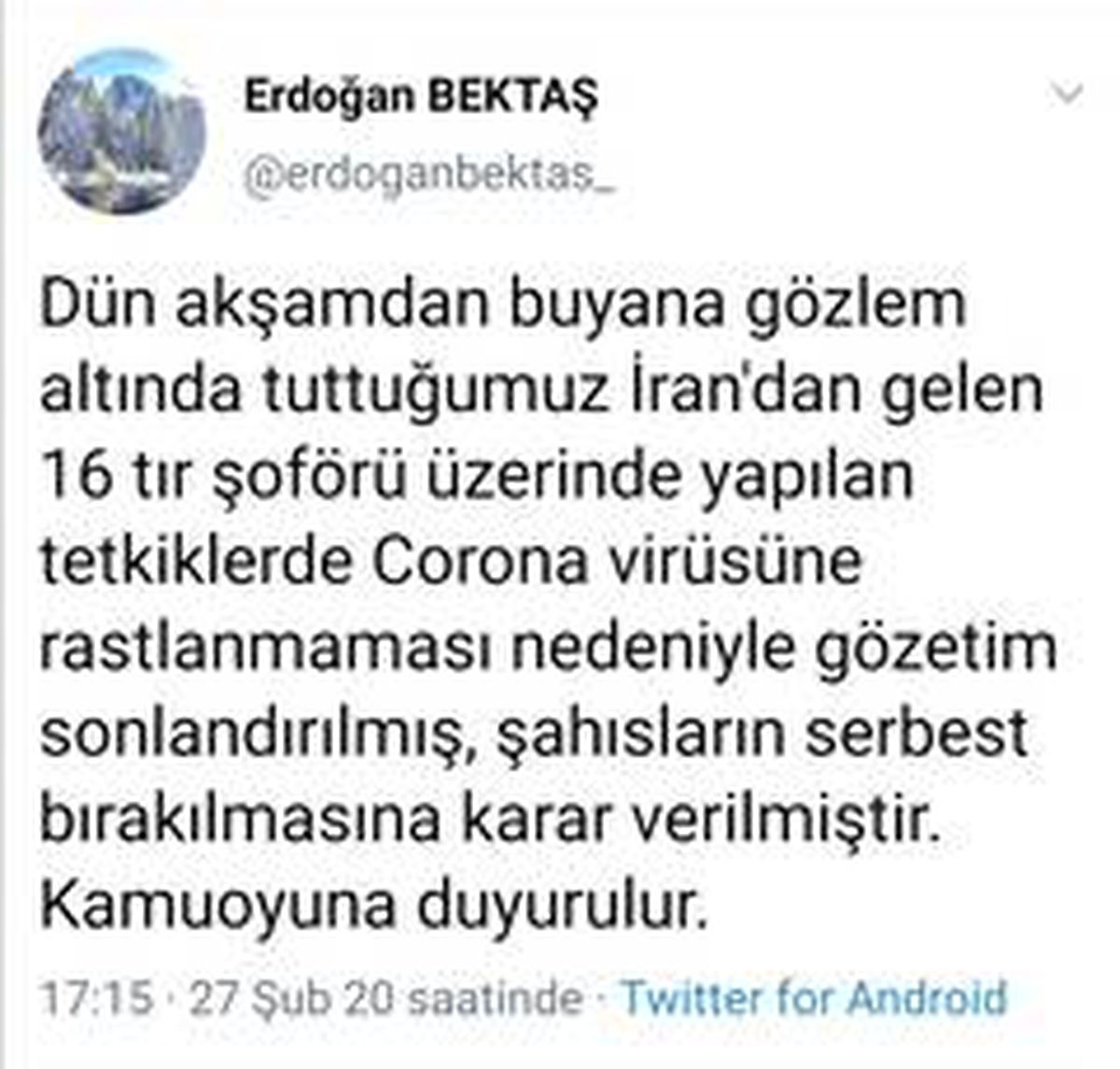 Vali Bektaş, "16 tır şoföründe Coronavirüs\'e rastlanmamıştır"