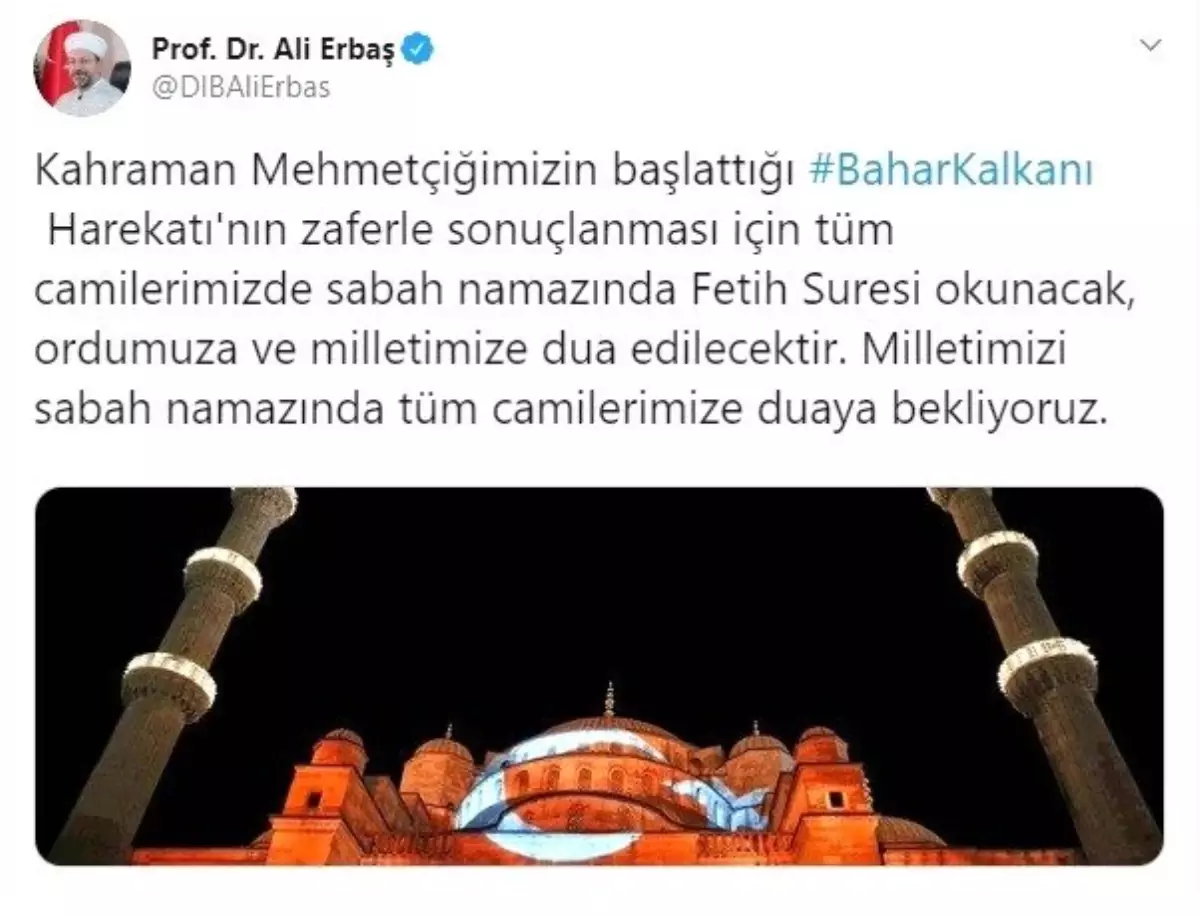 Bahar Kalkanı Harekatı için sabah namazında tüm camilerde Fetih Suresi okunacak