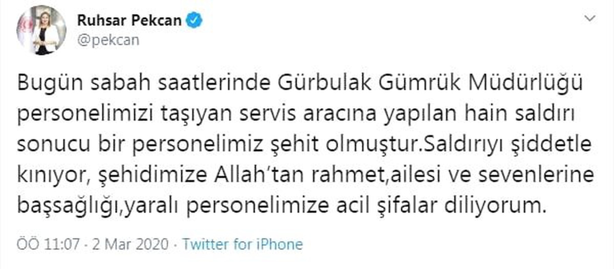 Bakan Pekcan: Ağrı\'da 1 personelimiz şehit oldu